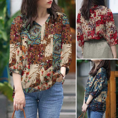 Womens Stylish V-neck Top With Three-quarter-length Sleeves Featuring A Printed Design