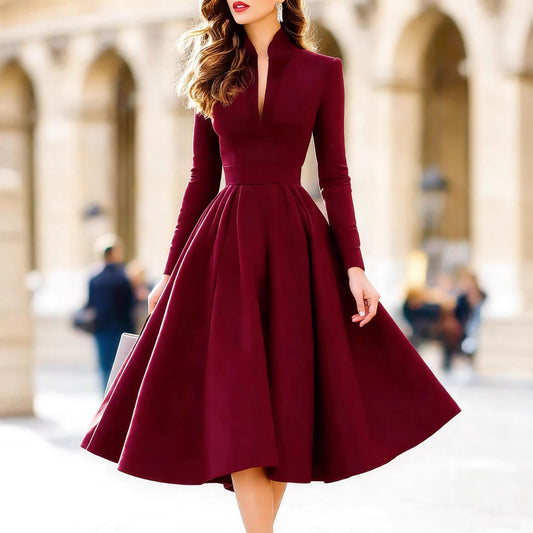 Stylish And Elegant V-neck Satin Long-sleeve Dress With A Tie Waist