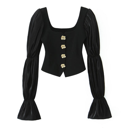 Button Polyester Embellished Stretch Top