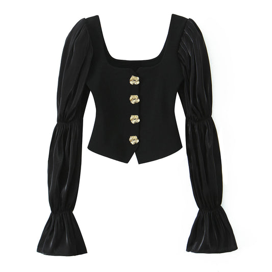 Button Polyester Embellished Stretch Top