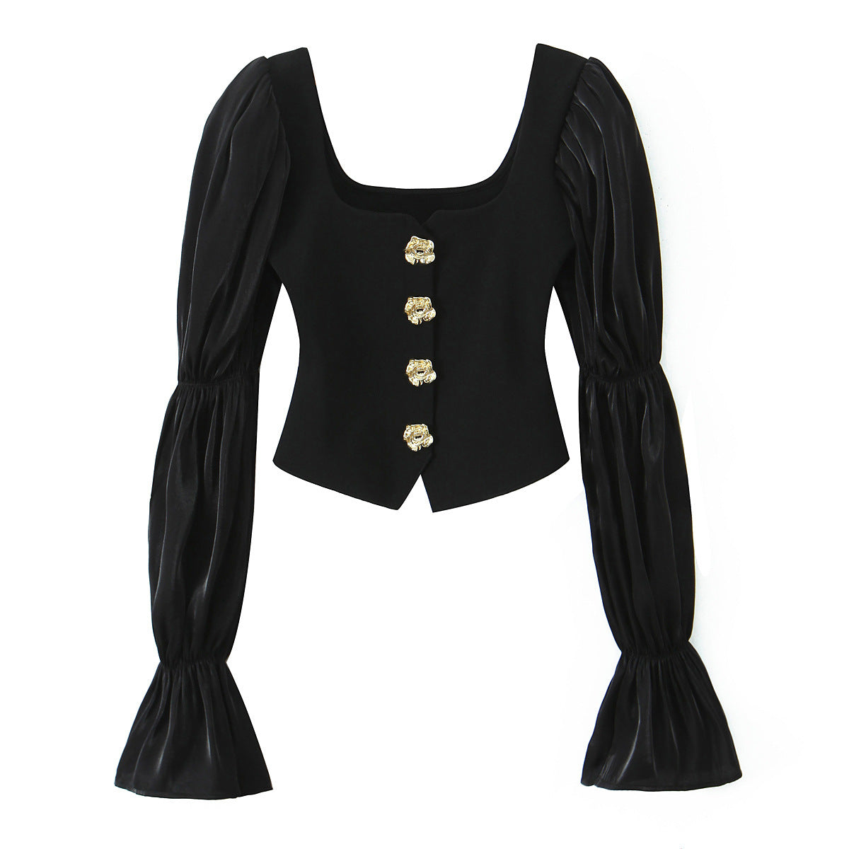 Button Polyester Embellished Stretch Top