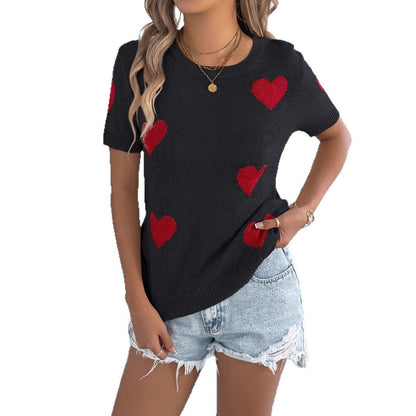 Casual Contrasting Color Heart-Shape Short-Sleeve Knit Top