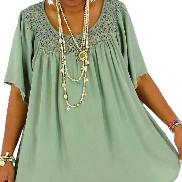 Womens Solid-Color Loose-Fit Short-Sleeve Bottoming Pullover With Lace Trim