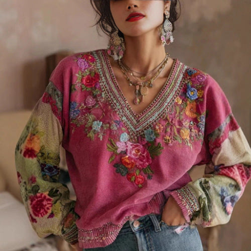 Womens Floral Embroidered Printed V-Neck Long-Sleeve Top