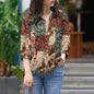 Womens Stylish V-neck Top With Three-quarter-length Sleeves Featuring A Printed Design