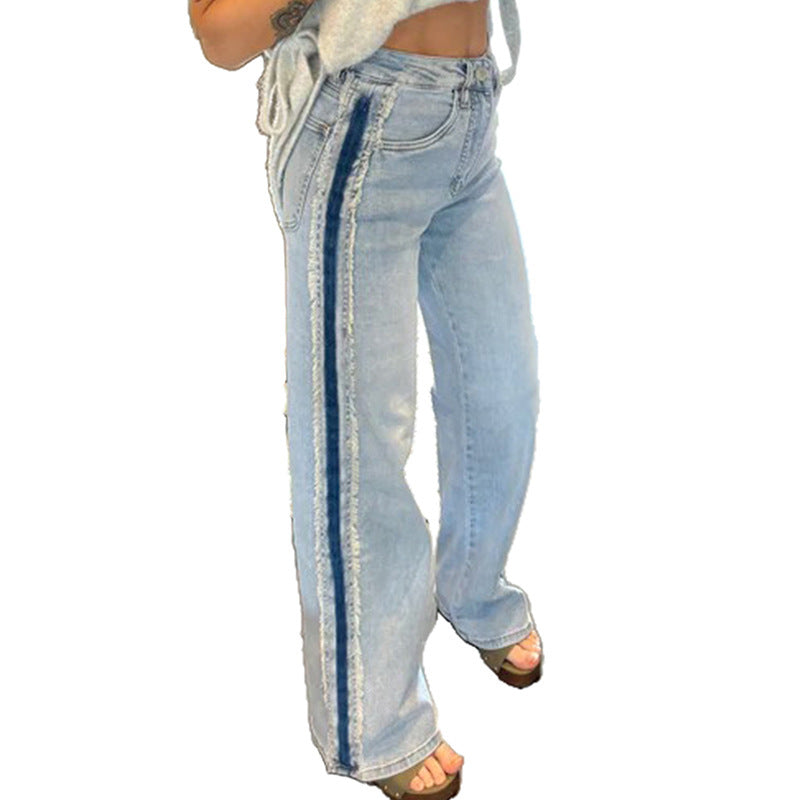 Stylish Versatile Womens Distressed Straight Jeans With Contrasting Trim