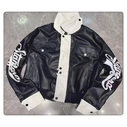 Personalized White Stand-collar Loose Short Jacket With Sleeve Lettering