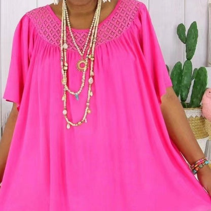 Womens Solid-Color Loose-Fit Short-Sleeve Bottoming Pullover With Lace Trim