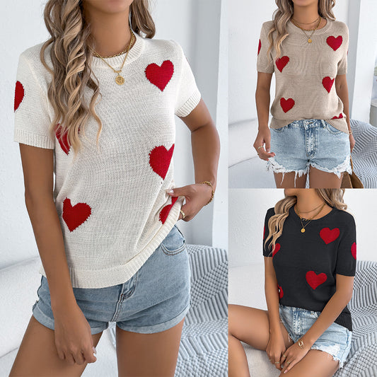 Casual Contrasting Color Heart-Shape Short-Sleeve Knit Top