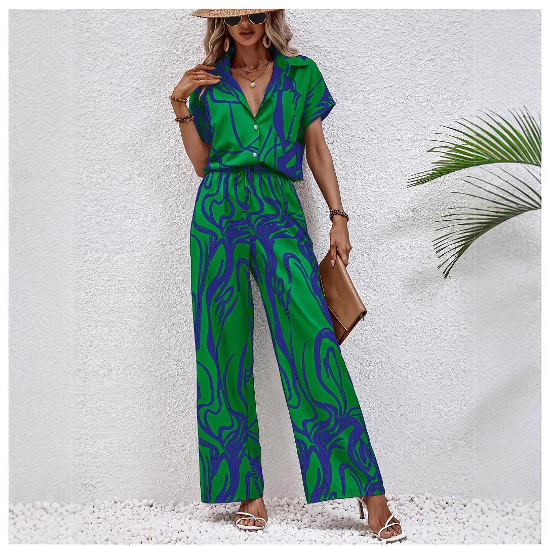 Womens Printed Short-Sleeve Shirt And Casual Pants Set