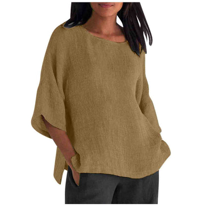 Womens Casual Crew-neck Cotton-linen Shirt Top