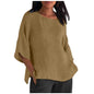 Womens Casual Crew-neck Cotton-linen Shirt Top