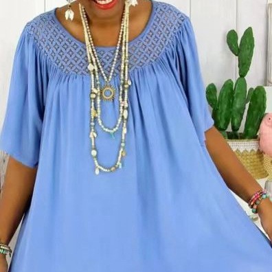 Womens Solid-Color Loose-Fit Short-Sleeve Bottoming Pullover With Lace Trim