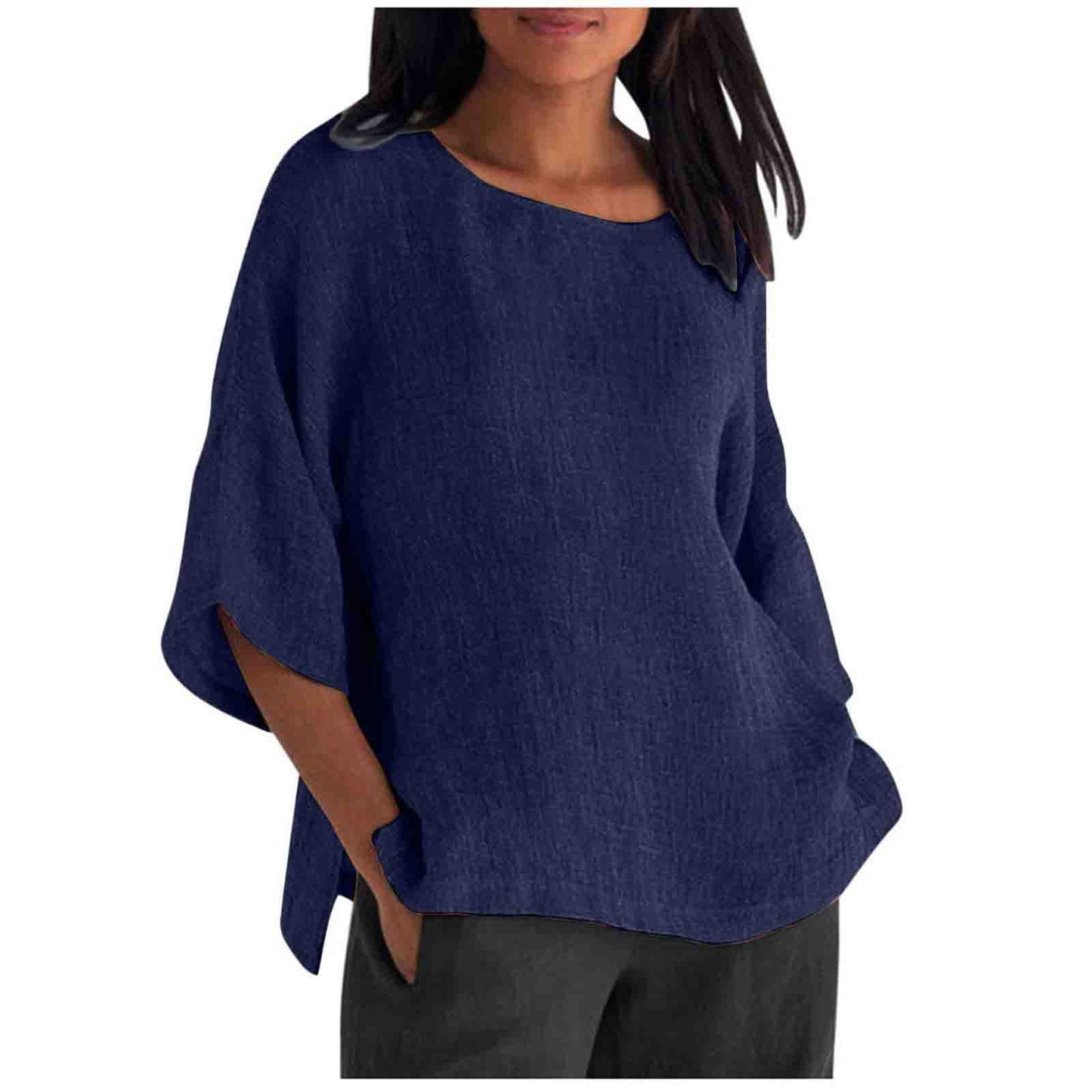 Womens Casual Crew-neck Cotton-linen Shirt Top