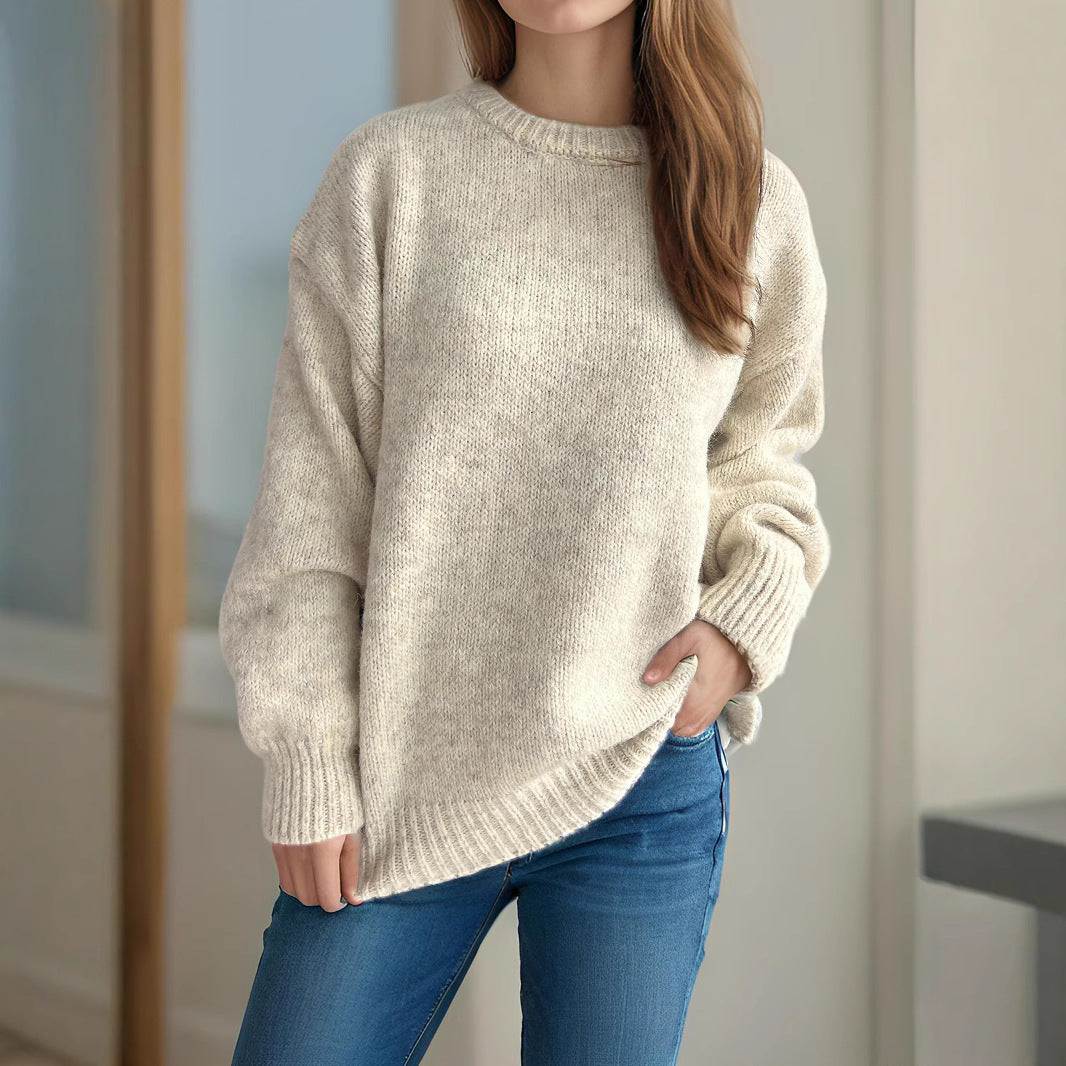 Womens Loose-fitting Crew-neck Sweater For Fall And Winter