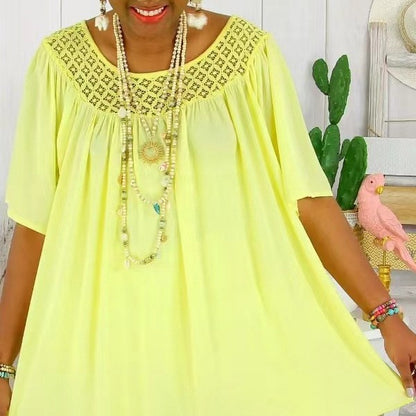 Womens Solid-Color Loose-Fit Short-Sleeve Bottoming Pullover With Lace Trim