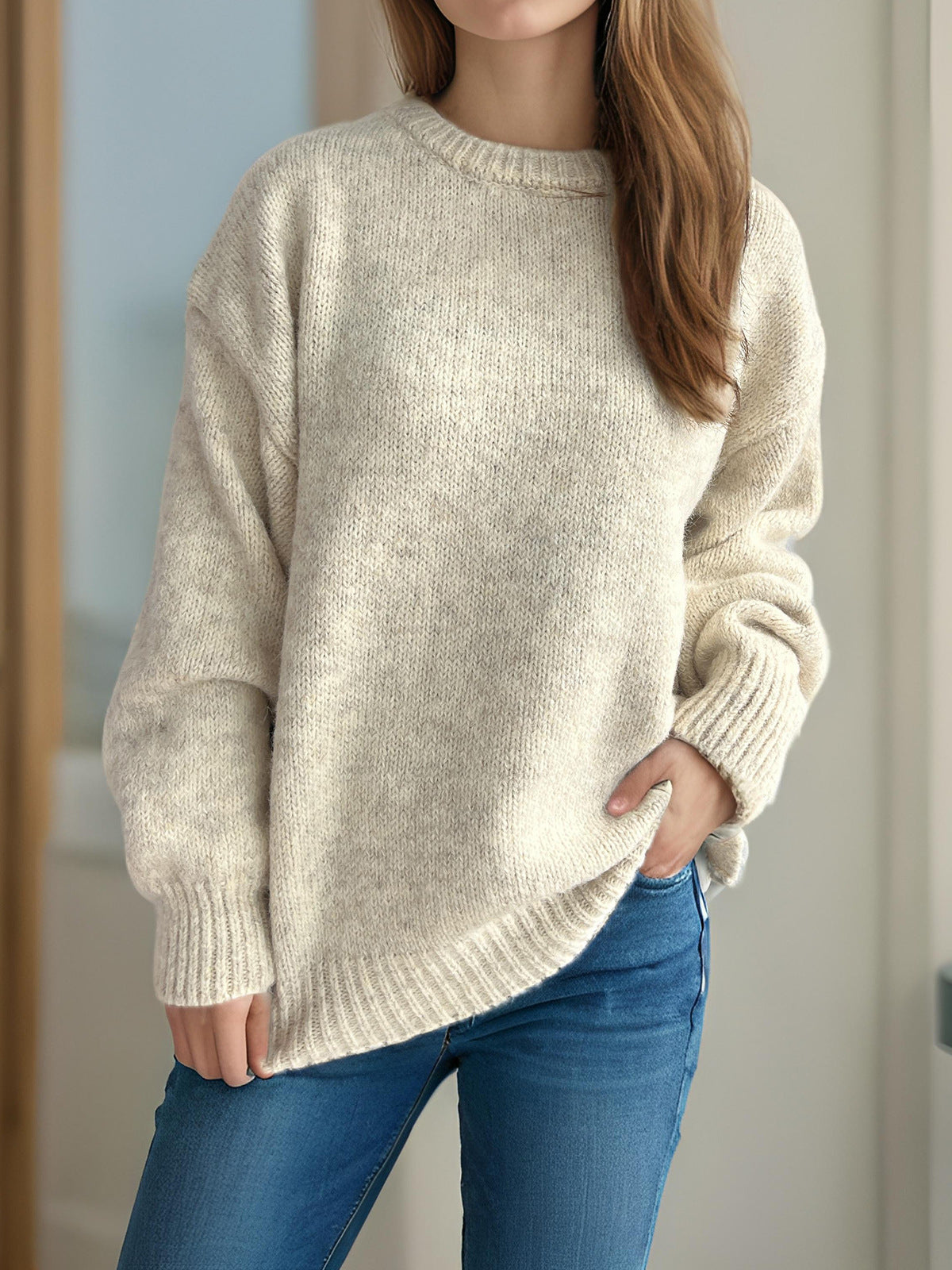 Womens Loose-fitting Crew-neck Sweater For Fall And Winter