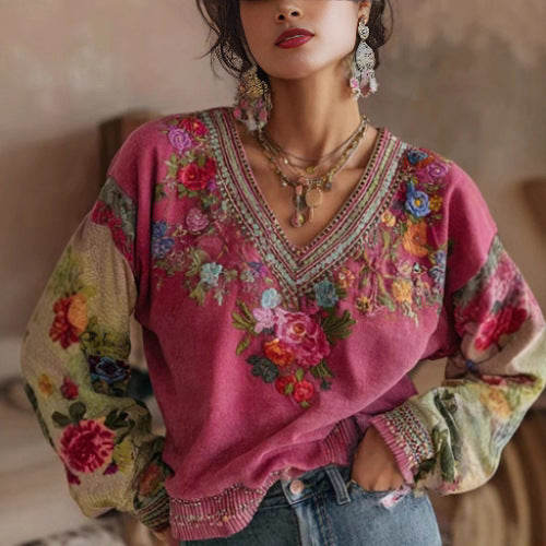 Womens Floral Embroidered Printed V-Neck Long-Sleeve Top