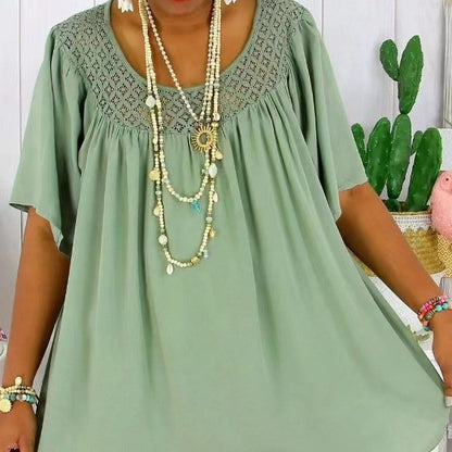 Womens Solid-Color Loose-Fit Short-Sleeve Bottoming Pullover With Lace Trim