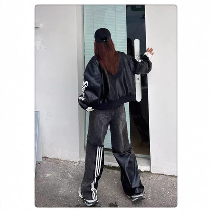 Personalized White Stand-collar Loose Short Jacket With Sleeve Lettering