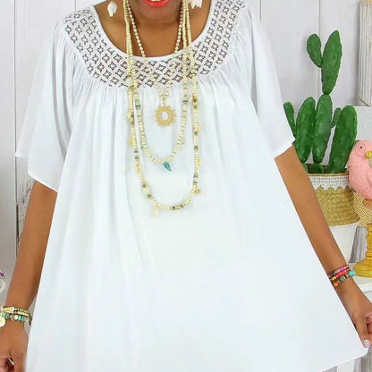 Womens Solid-Color Loose-Fit Short-Sleeve Bottoming Pullover With Lace Trim