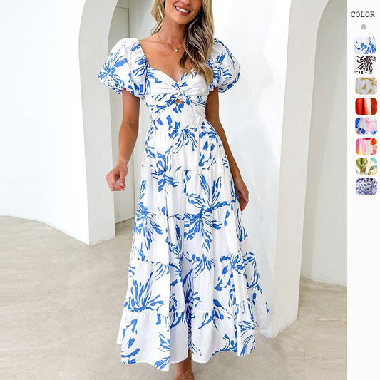 Elegant Figure-flattering High-end Dress With A Flared Silhouette Floral Print And Puffed Sleeves
