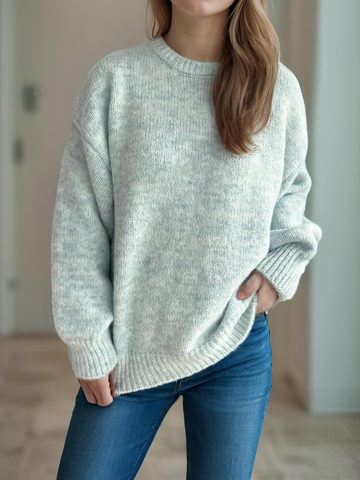 Womens Loose-fitting Crew-neck Sweater For Fall And Winter